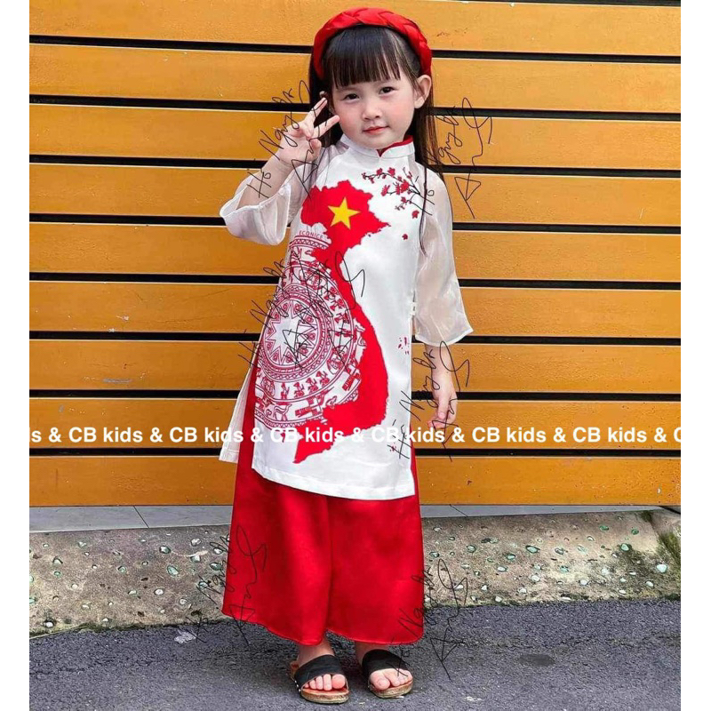 Set bộ áo dài in hinh bản đồ kèm bờm tóc