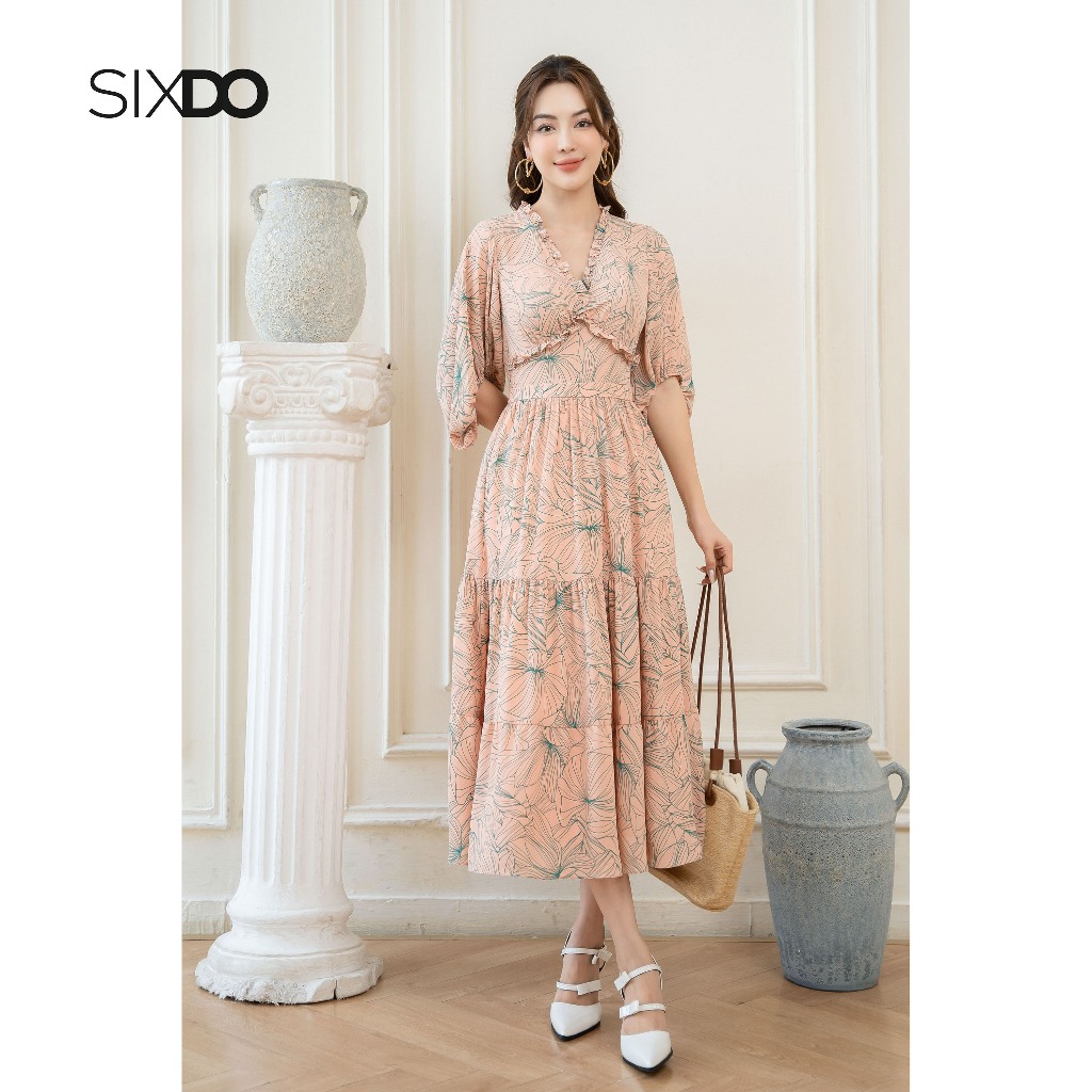 Đầm midi chiffon cổ V phối bèo SIXDO (Floral Midi Chiffon Dress 1)