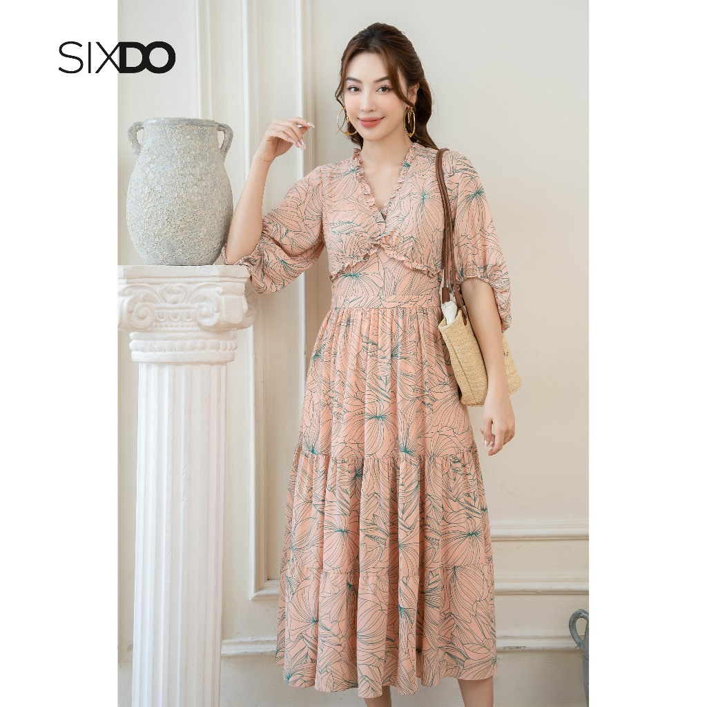 Đầm midi chiffon cổ V phối bèo SIXDO (Floral Midi Chiffon Dress 1)