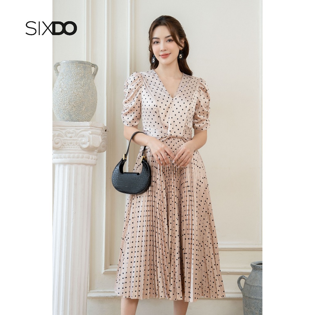 Đầm midi lụa chấm bi cổ V SIXDO (Pleated Midi Silk Dress 2)