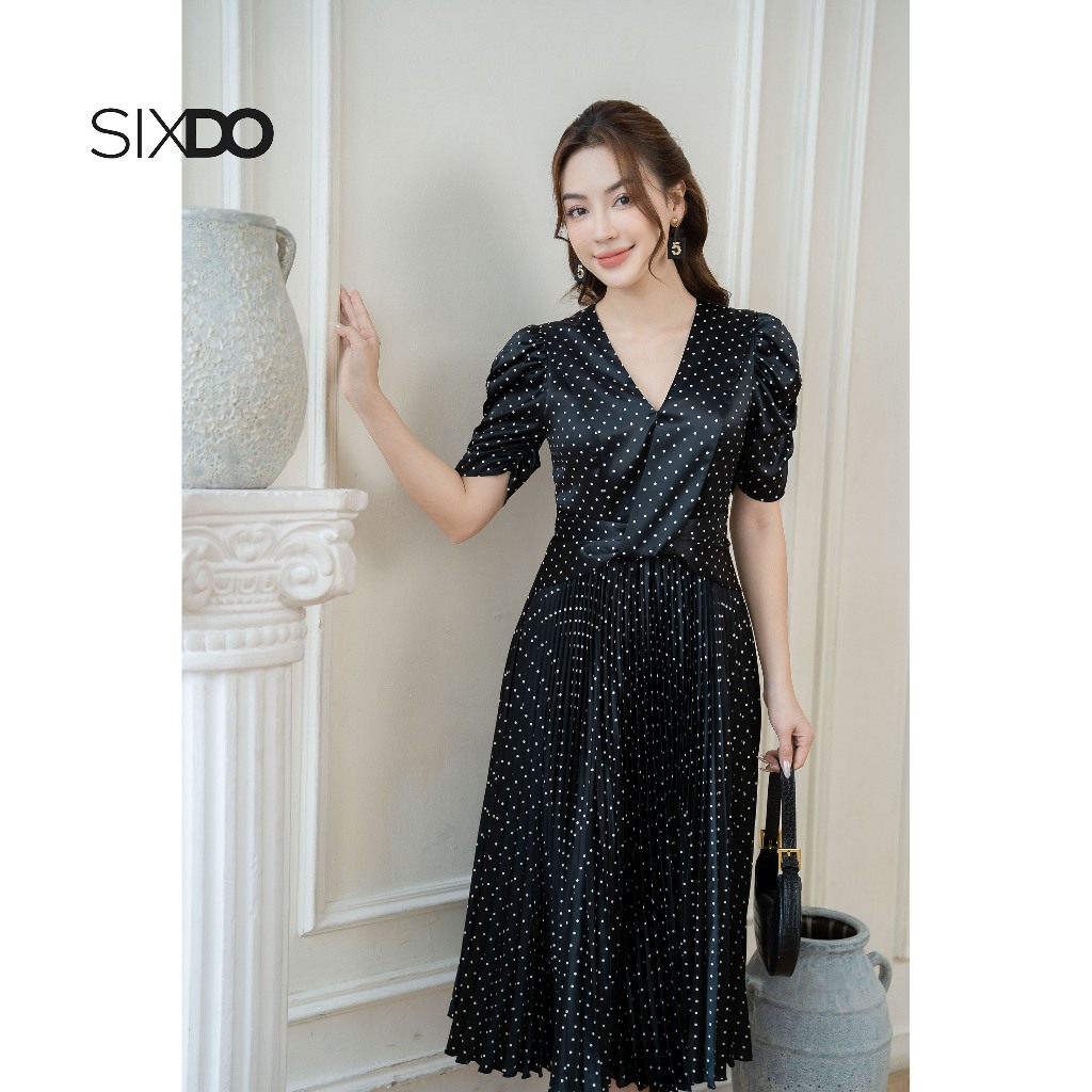 Đầm midi lụa chấm bi cổ V SIXDO (Pleated Midi Silk Dress 2)