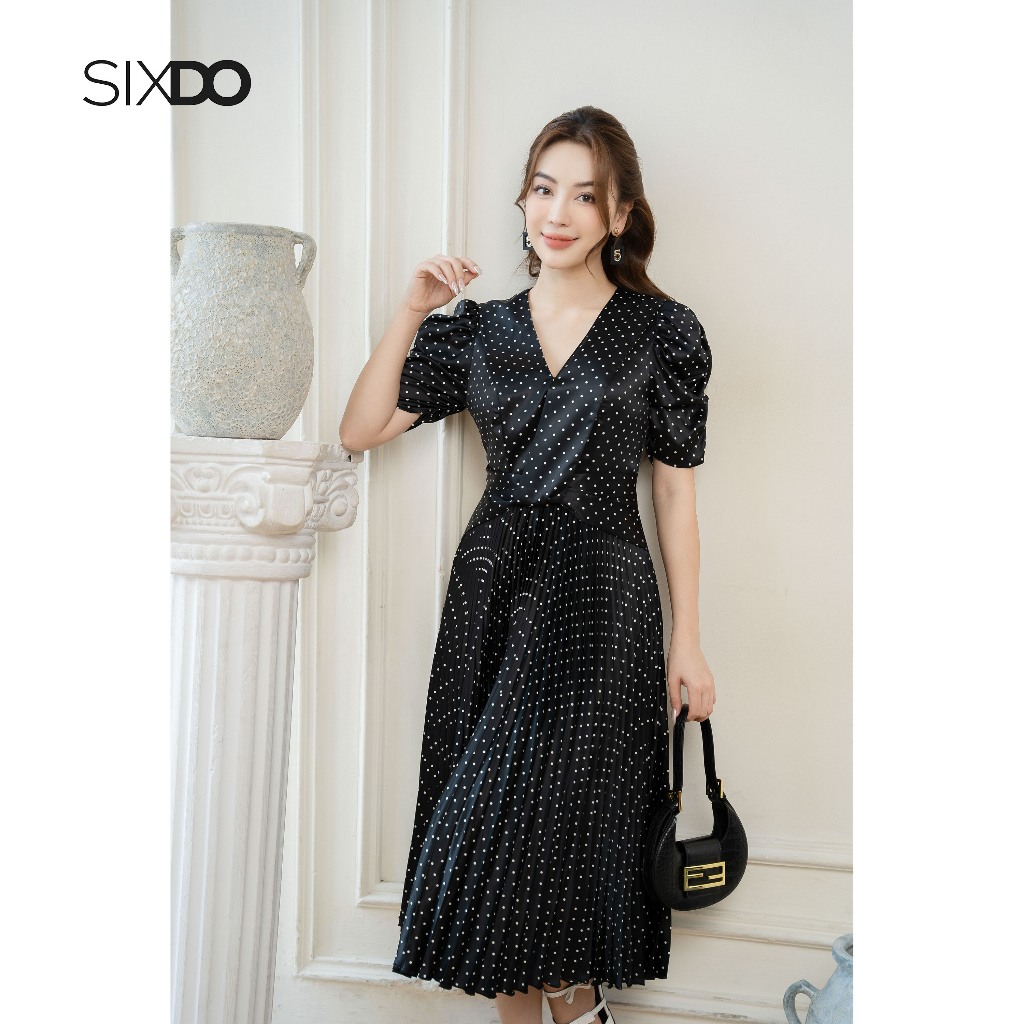 Đầm midi lụa chấm bi cổ V SIXDO (Pleated Midi Silk Dress 2)