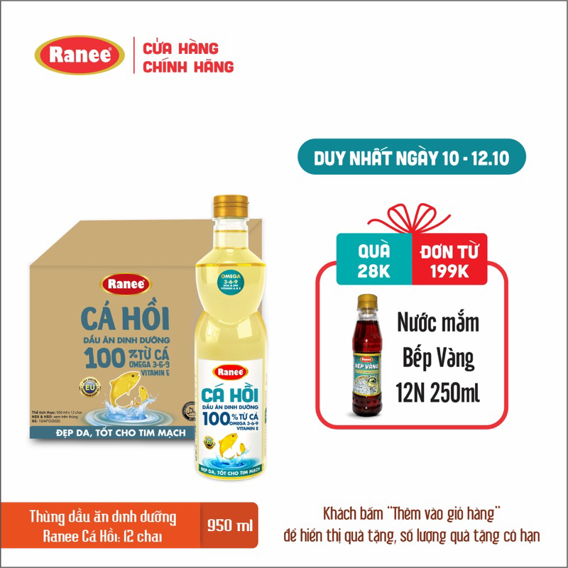 Thùng dầu ăn Ranee Cá Hồi 950ml (950ml/chai x 12 chai)