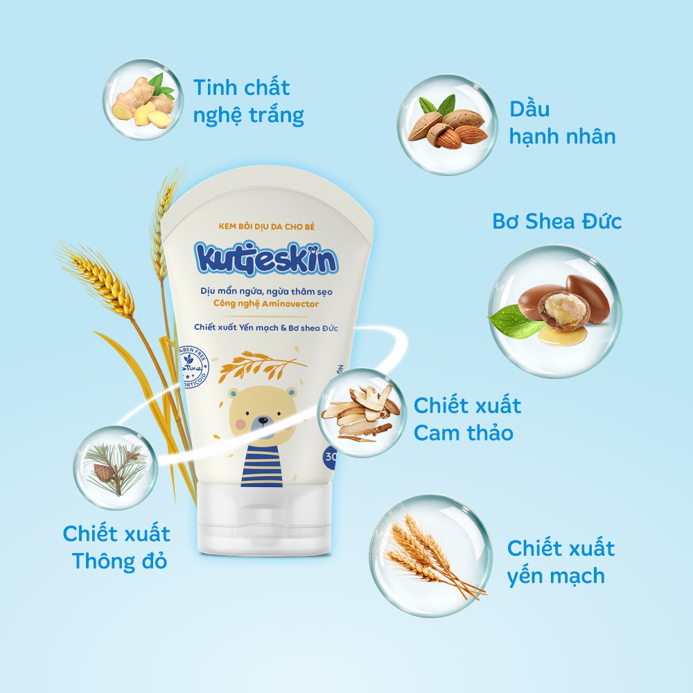 Combo Nước tắm gội thảo dược cho bé Kutieskin 200ml và Kem bôi dịu da cho bé Kutieskin 30g