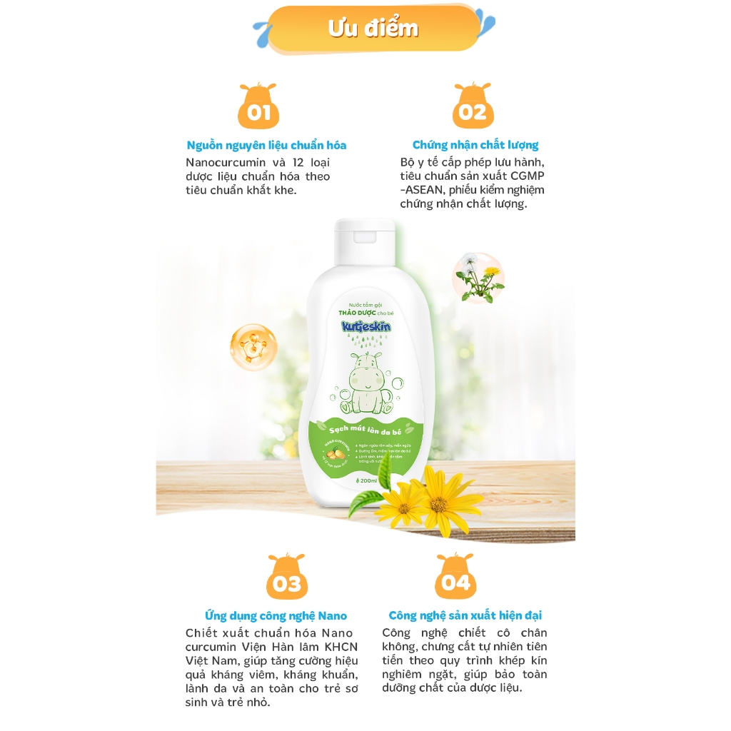 Combo Nước tắm gội thảo dược cho bé Kutieskin 200ml và Kem bôi dịu da cho bé Kutieskin 30g