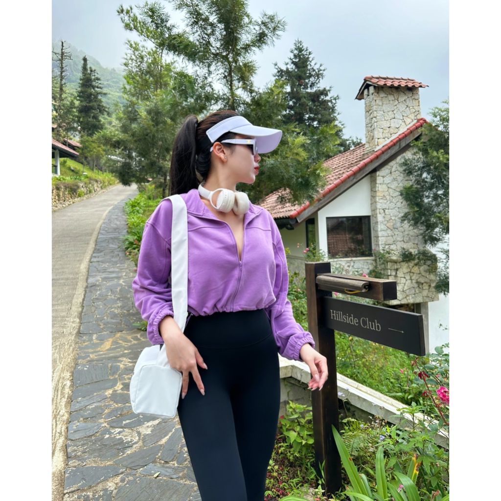 Áo khoác croptop rút eo DEMONT - Chất nỉ da cá cao cấp - BRUN