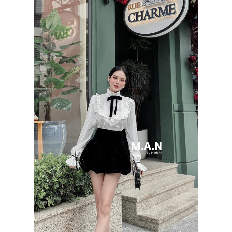 Set áo sơ mi bèo phối quần nhung xịn xò