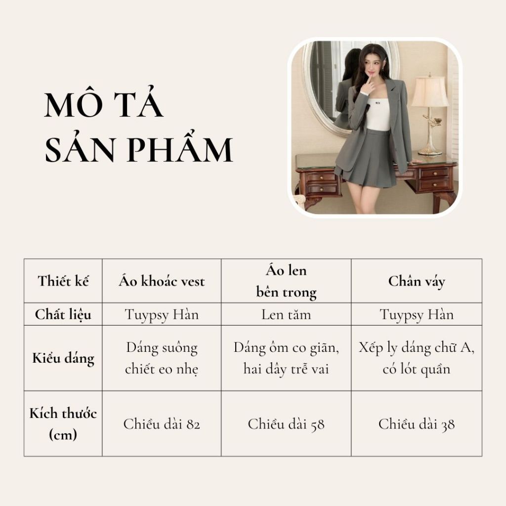 Áo len tăm trắng trễ vai + Áo vest ghi dáng dài đính cúc bọc mix cùng Chân váy ghi xếp ly ngắ