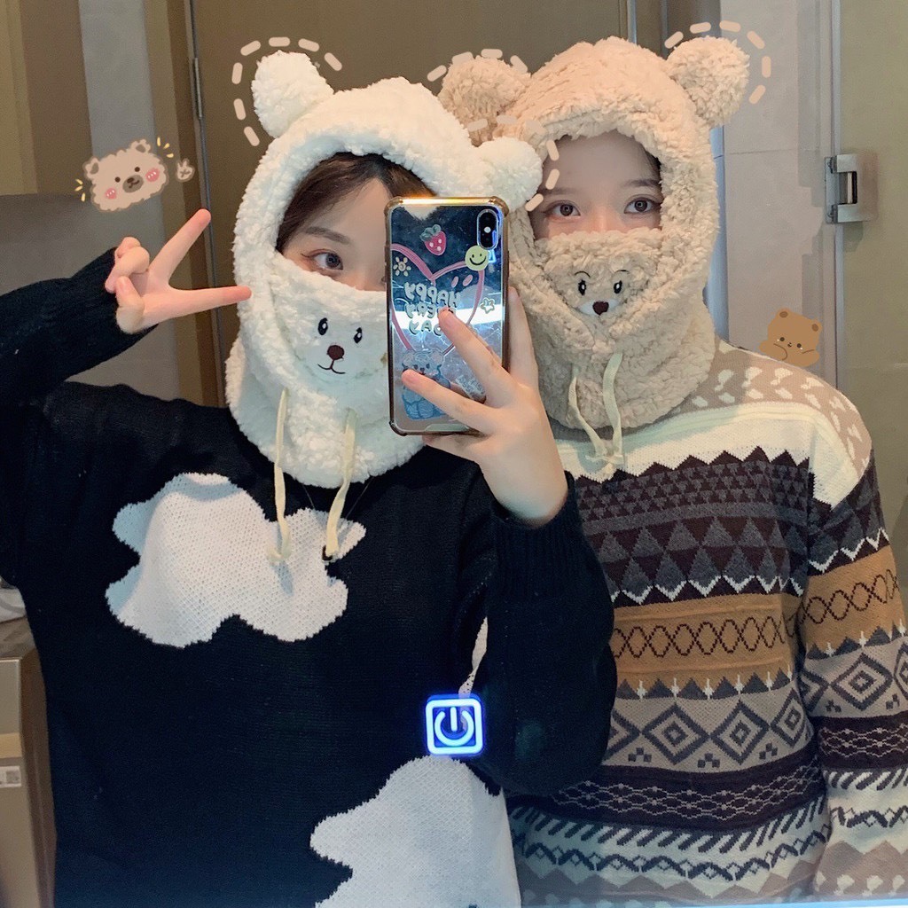 Mũ Len Tai Gấu Lông Mềm Bluehope có khẩu trang đáng yêu mẫu mới