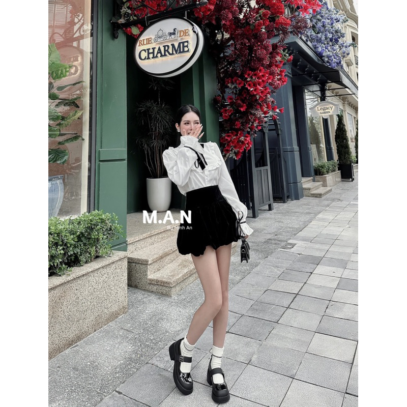 Set áo sơ mi bèo phối quần nhung xịn xò