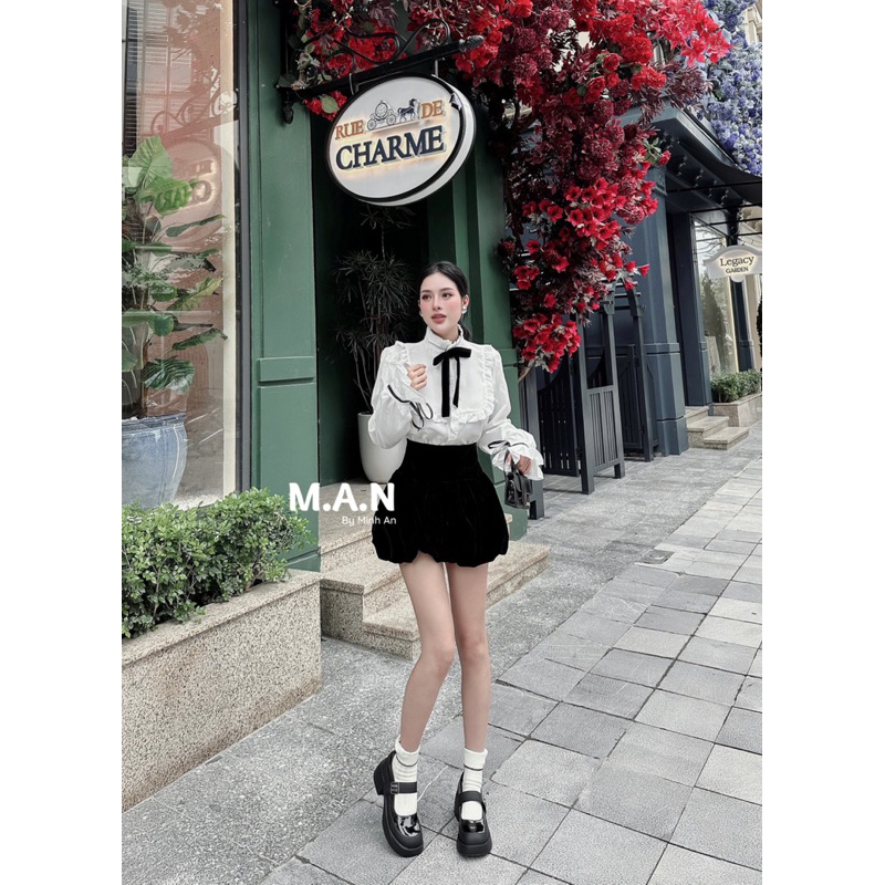 Set áo sơ mi bèo phối quần nhung xịn xò