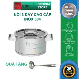 Nồi thân cao 3 đáy inox 304 Fivestar Plus quai vuông nắp kính ( 16cm / 18cm / 20cm / 24cm )- tặng 1 vá canh