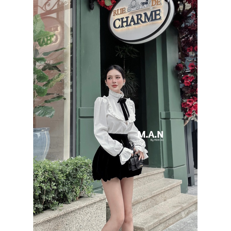Set áo sơ mi bèo phối quần nhung xịn xò