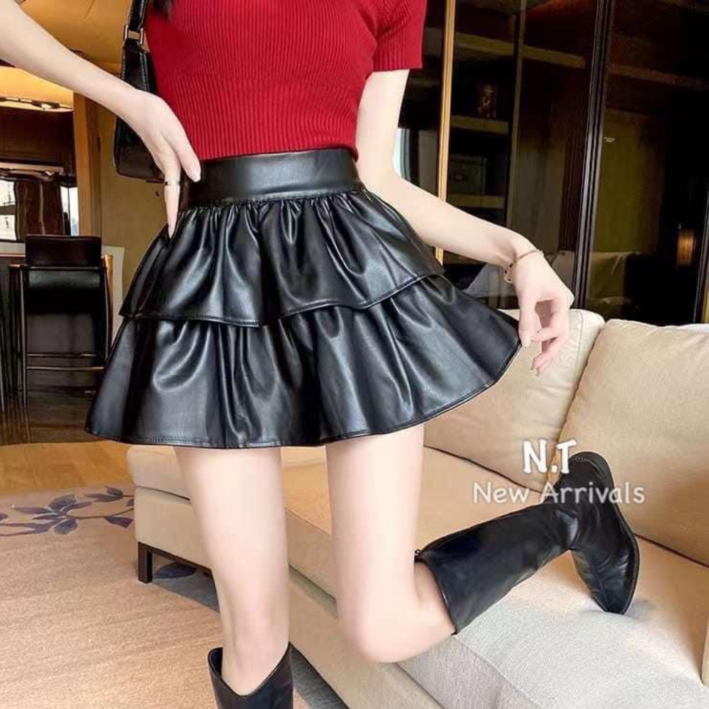 Chân váy da xoè tầng xếp ly, váy cạp cao dáng ngắn phong cách Hàn Quốc