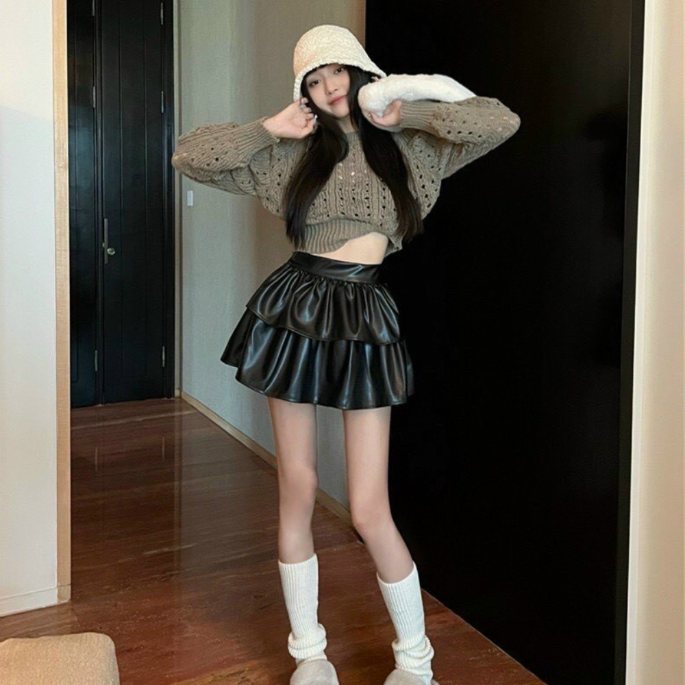 Chân váy da xoè tầng xếp ly, váy cạp cao dáng ngắn phong cách Hàn Quốc
