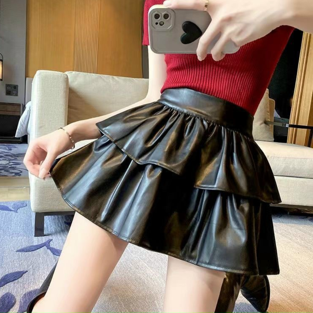 Chân váy da xoè tầng xếp ly, váy cạp cao dáng ngắn phong cách Hàn Quốc