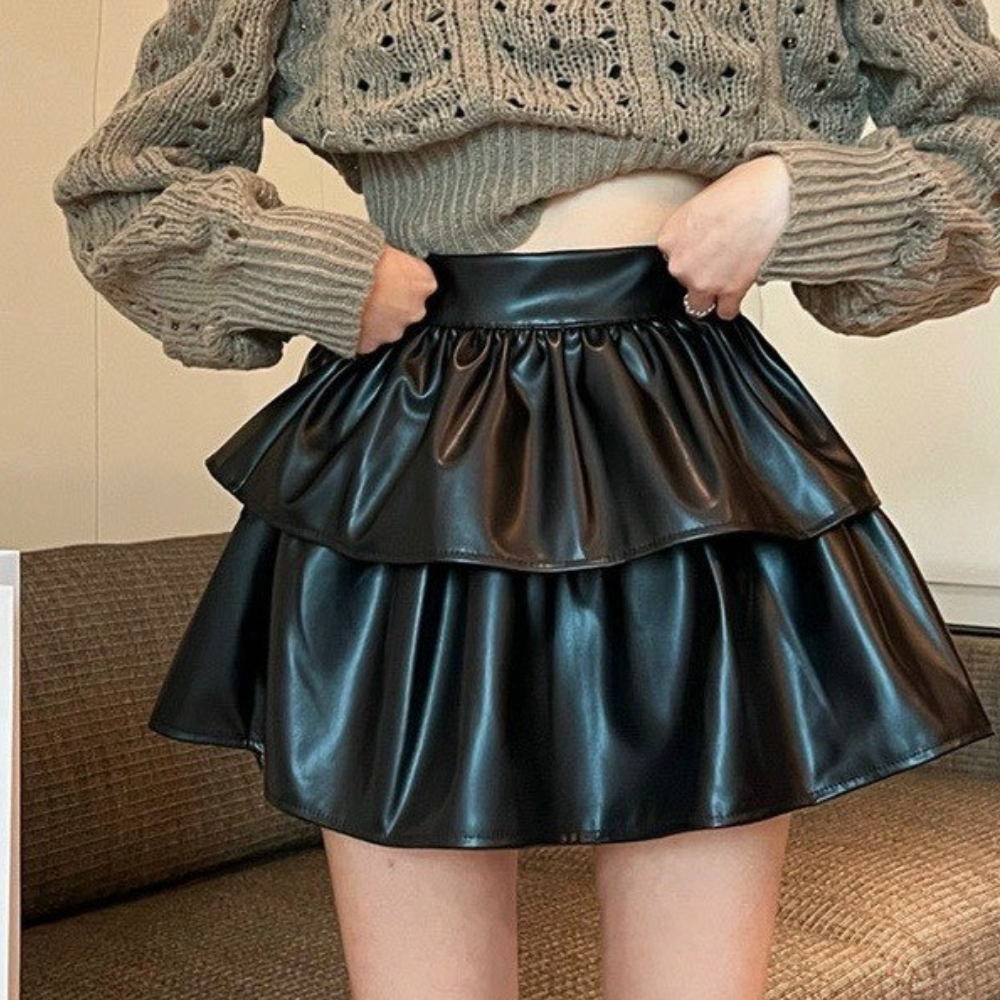 Chân váy da xoè tầng xếp ly, váy cạp cao dáng ngắn phong cách Hàn Quốc