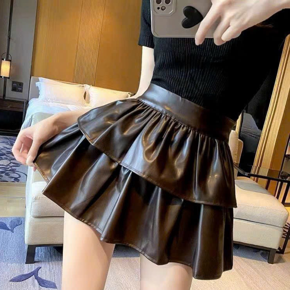 Chân váy da xoè tầng xếp ly, váy cạp cao dáng ngắn phong cách Hàn Quốc