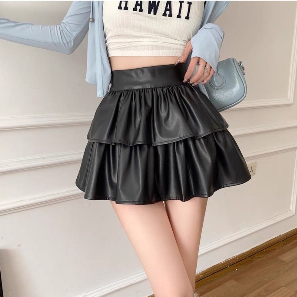Chân váy da xoè tầng xếp ly, váy cạp cao dáng ngắn phong cách Hàn Quốc