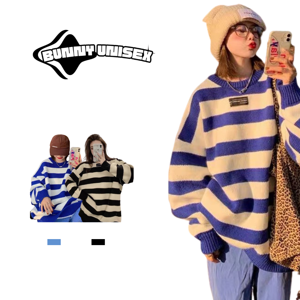 Áo len dáng dài unisex kẻ ngang đính logo trẻ trung cá tính chất liệu dày âm mùa đông phong cách Ulzzang BUNNY deliz