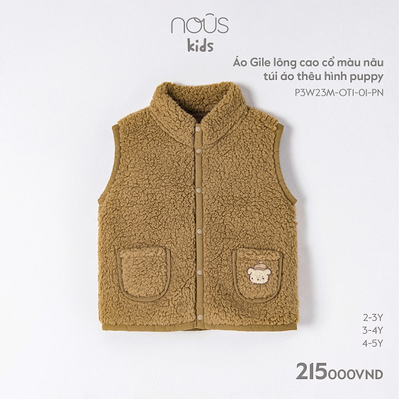 Áo Gile lông cao cổ màu be túi áo thêu hình gấu mềm mịn ấm áp Chính hãng Nous