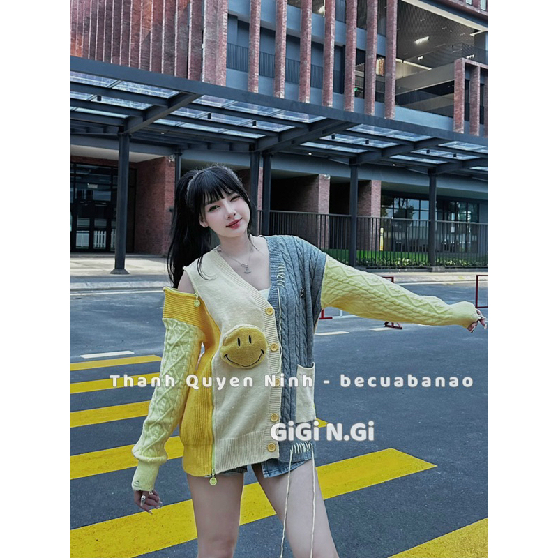 Áo len cadigan khoá vàng 13De Mazo gắn sticker