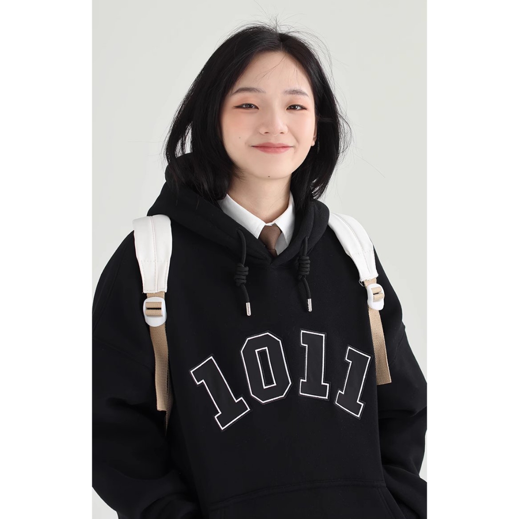 Áo hoodie Dessuu nỉ lót bông dày họa tiết thêu chữ 1011