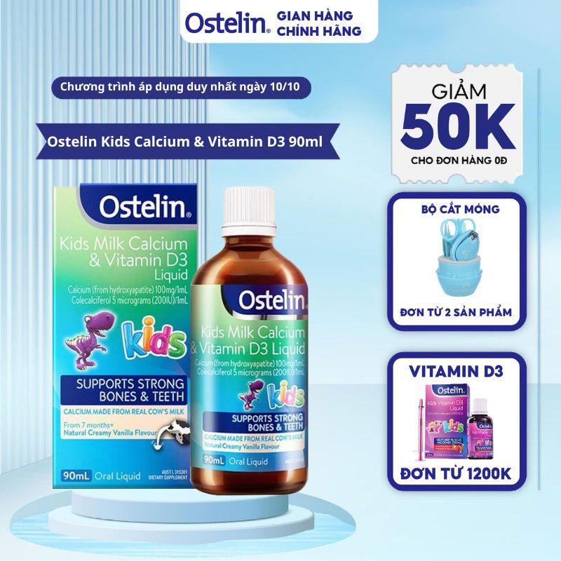 Canxi và vitamin D3 200IU dạng nước cho bé Ostelin Kids Milk Calcium & Vitamin D3 Liquid 90ml của Úc