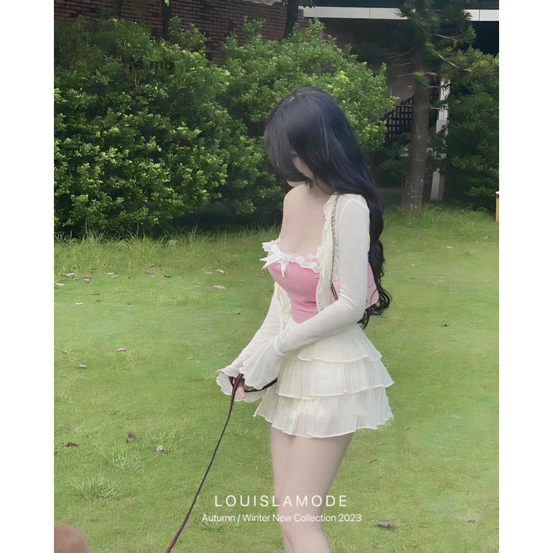 Set Áo Quây Ren Nơ + Áo Khoác Caaardigan Lửng + Chân Váy Tầng