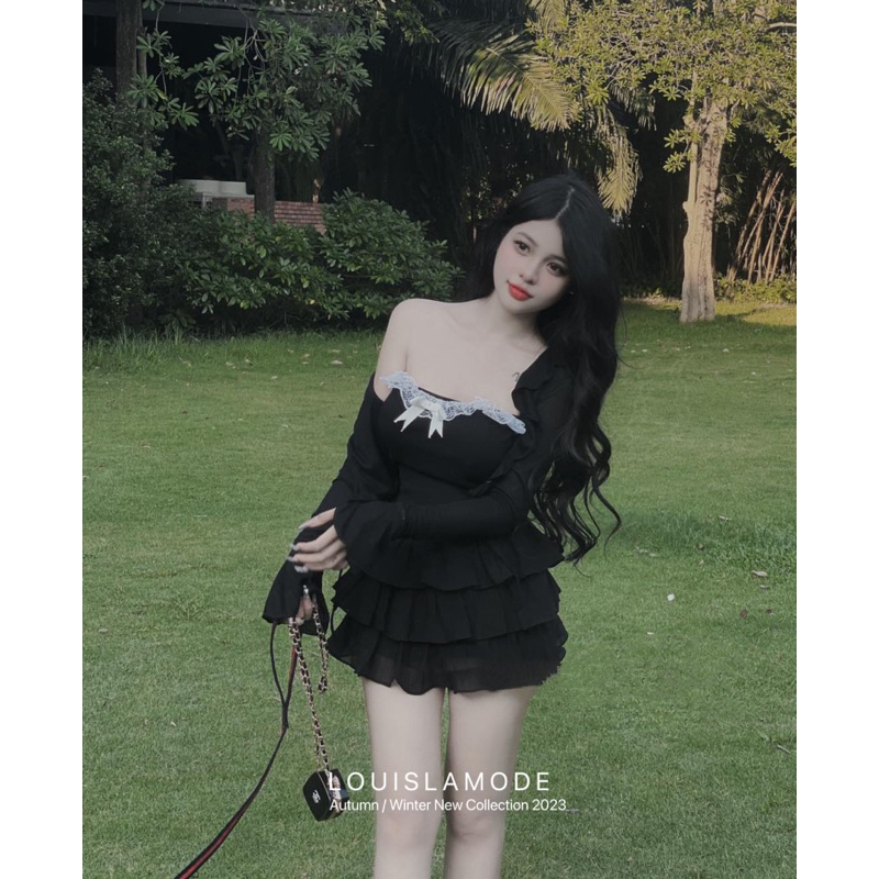 Set Áo Quây Ren Nơ + Áo Khoác Caaardigan Lửng + Chân Váy Tầng