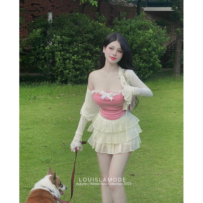 Set Áo Quây Ren Nơ + Áo Khoác Caaardigan Lửng + Chân Váy Tầng