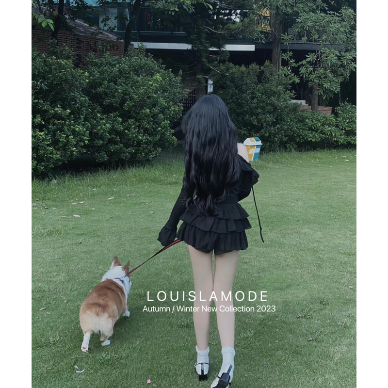 Set Áo Quây Ren Nơ + Áo Khoác Caaardigan Lửng + Chân Váy Tầng