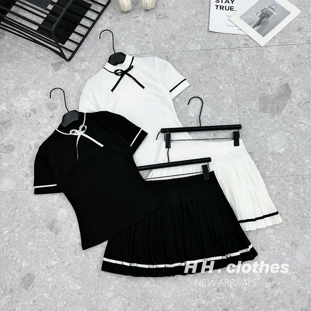 Set Bộ Nữ Áo Phông Ngắn Tay Kết Hợp Chân Váy Dập Ly