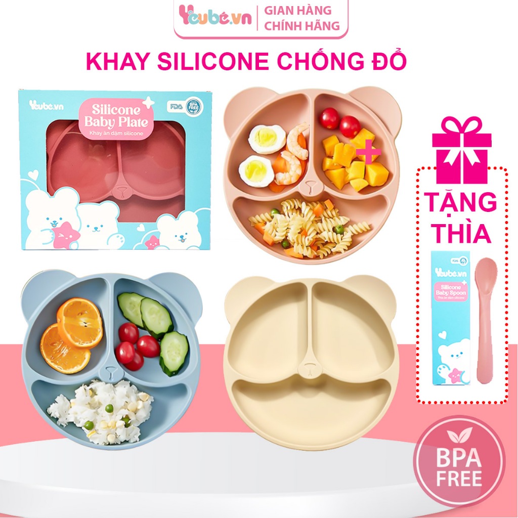 Khay Ăn Dặm Silicon Có Đế Hít Chống Đổ Hình Gấu 3 Ngăn Cho Bé