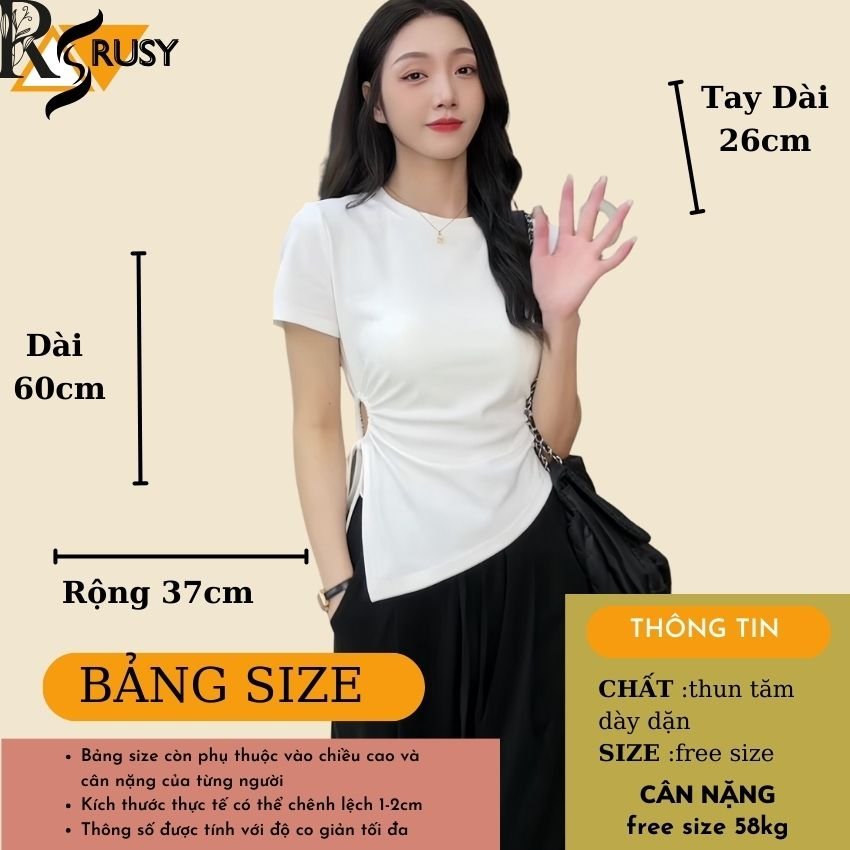 Áo Thun Khoét Bên Eo Vạt Nhọn , Áo Cộc Tay Rút Dây ￼Khoét Eo Chun Thắt Dây Phong Cách Hàn Quốc Rusy