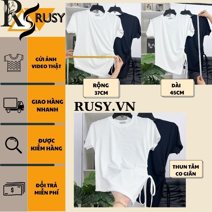 Áo Thun Khoét Bên Eo Vạt Nhọn , Áo Cộc Tay Rút Dây ￼Khoét Eo Chun Thắt Dây Phong Cách Hàn Quốc Rusy