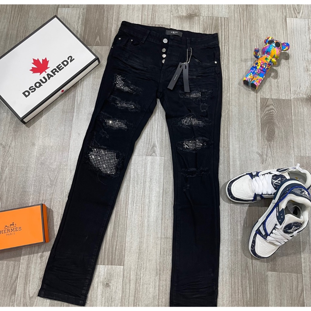 Quần Jean Nam Đen Đính Đá Nam 4 Cúc Likeau Chất Jean Co Dãn , Hàng Boy Phố Hót 2023