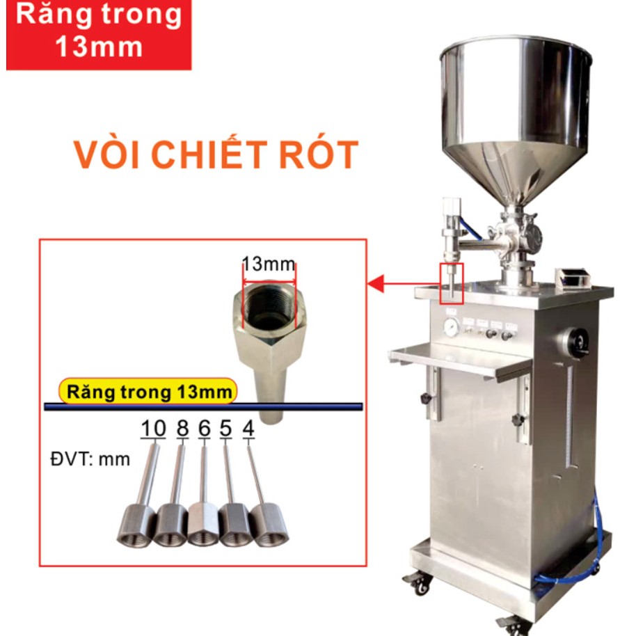 Vòi chiết piston ren trong 13mm, vòi máy chiết rót inox phi 4mm 5mm 6mm 8mm 10mm