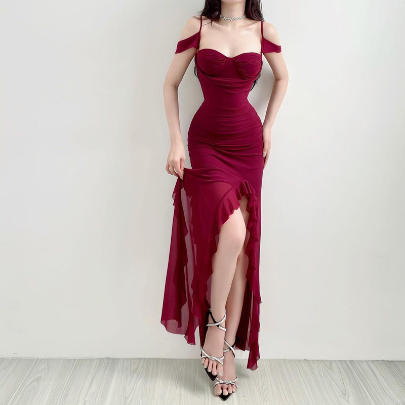 Đầm Maxxi Lưới Cúp Khuôn Ngực Thiết Kế Dây Vai Dáng Xẻ Tua Vạt Bèo