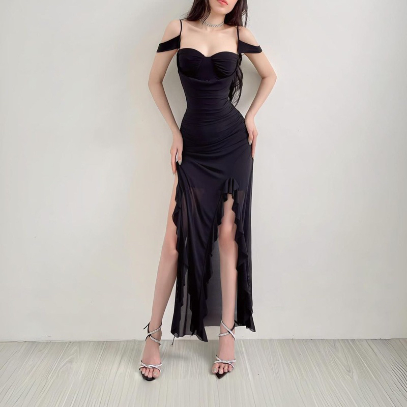 Đầm Maxxi Lưới Cúp Khuôn Ngực Thiết Kế Dây Vai Dáng Xẻ Tua Vạt Bèo