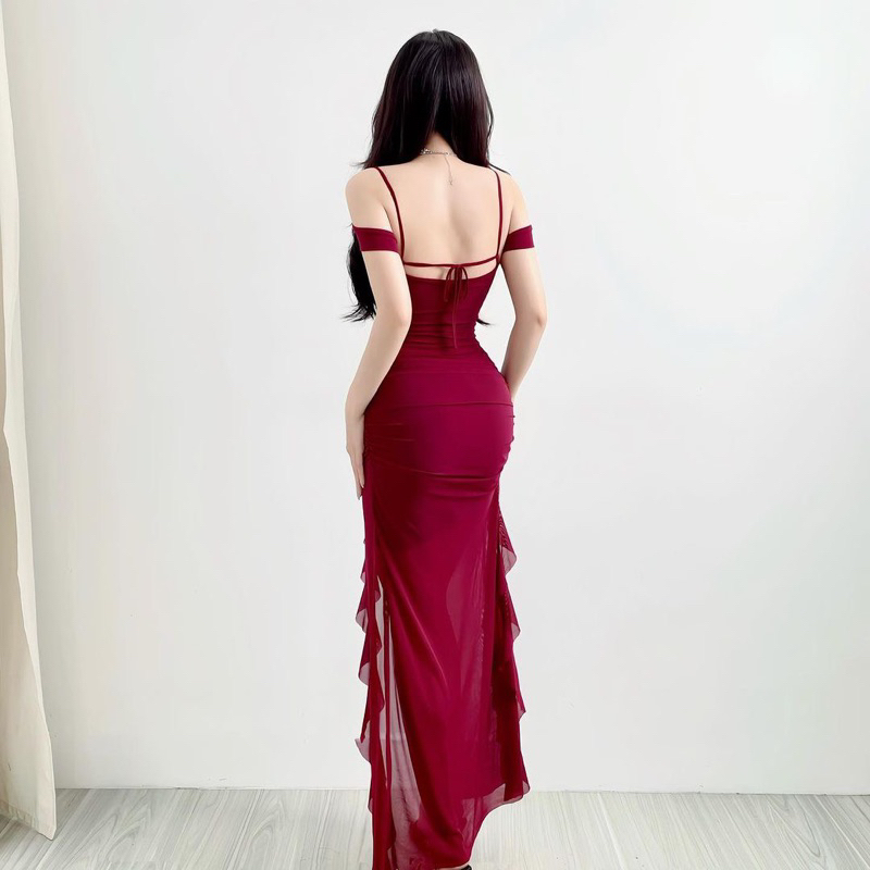 Đầm Maxxi Lưới Cúp Khuôn Ngực Thiết Kế Dây Vai Dáng Xẻ Tua Vạt Bèo