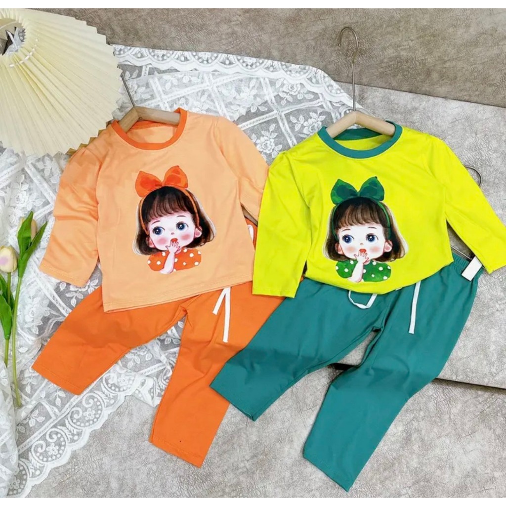 Bộ quần áo dài tay cotton bé gái in 5d