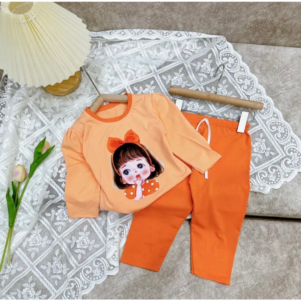 Bộ quần áo dài tay cotton bé gái in 5d