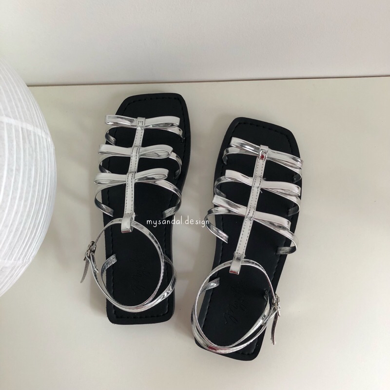 Giày sandal Hàn phối nơ màu silver bạc