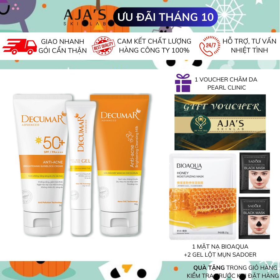 Combo ngừa mụn sáng da Decumar (Gel mụn thâm 20gr +Gel rửa mặt sáng da 50gr +Kem chống nắng sáng da 50gr)