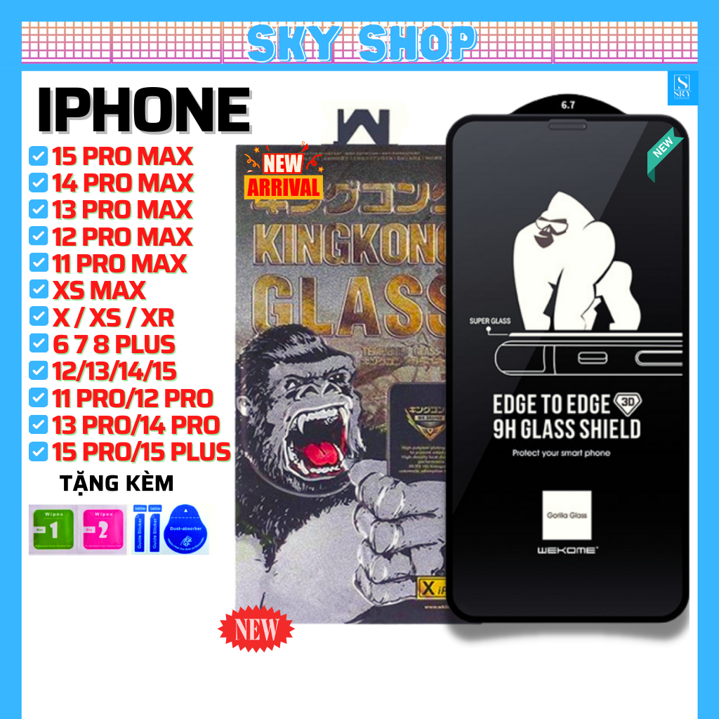 Kính cường lực kingkong iphone 15 pro max 14 pro max 11 13 promax 12 7 8 Plus xsmax xr x xs 6 6s  - Full màn trơn 3D