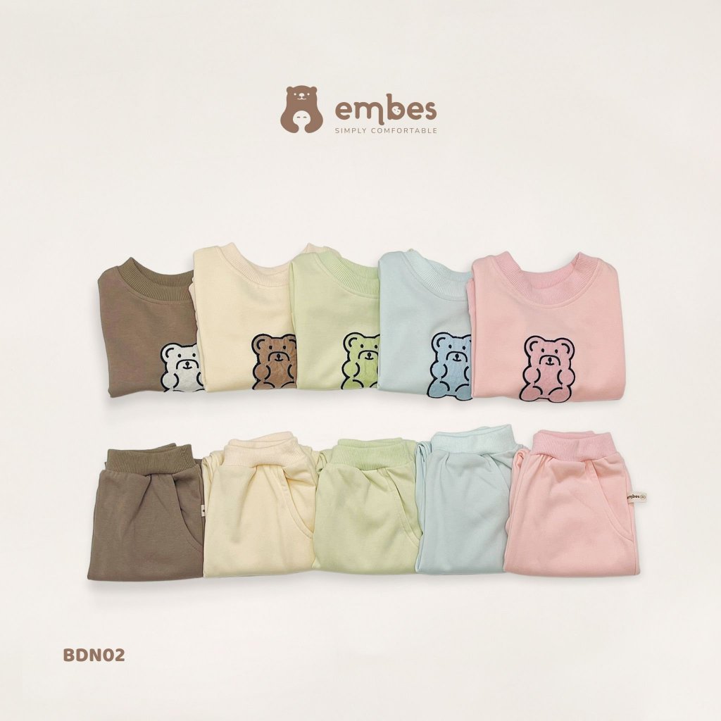 Bộ nỉ cho bé trai bé gái, bộ dài tay trẻ em Embes Việt Nam 9kg - 21kg