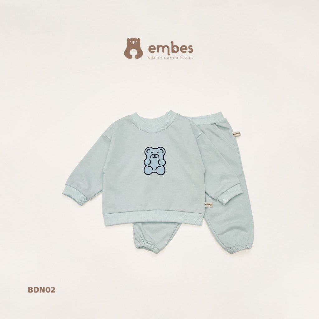 Bộ nỉ cho bé trai bé gái, bộ dài tay trẻ em Embes Việt Nam 9kg - 21kg