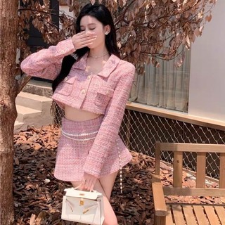 Set vest quần váy dạ tweet cổ vuông dáng croptop hồng tiểu thư