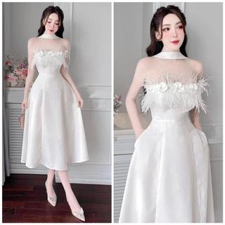 ĐẦM CÚP NGỰC ĐÍNH HOA LÔNG VŨ